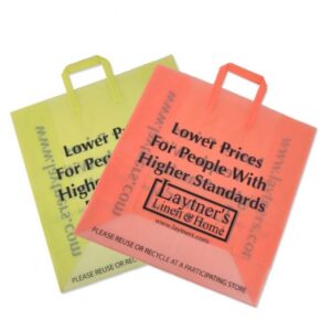 HDPE Plastic, HDPE, tri-fold handles, plastic shopping bags, custom plastic shopping bags, custom printing, laytner's linen and home, poly shoppers, high density poly ethylene, reusable plastic shoppers