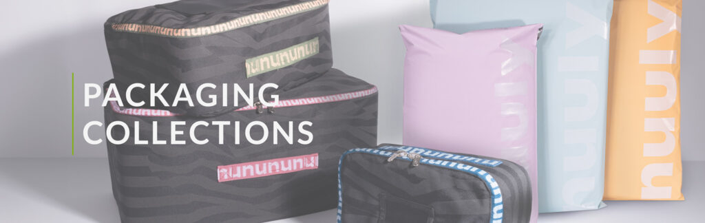 Explore our diverse packaging collections featuring black bags with camouflage patterns, a striking blue and black checkered design, and pastel hues in pink, light blue, and yellow. The bold text proudly announces: PACKAGING COLLECTIONS.