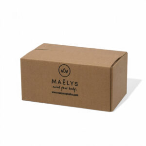 A cardboard box with the logo and text MAËLYS, along with the phrase "mind your body," hints at their luxurious Mocha Mousse product. The website www.maelyscosmetics.com is elegantly printed beneath, all set against a pristine white background.